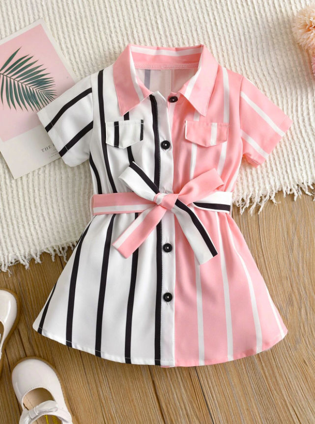 เดรสเชิ้ตลายทาง กระดุมด้านหน้า แต่งเข็มขัด